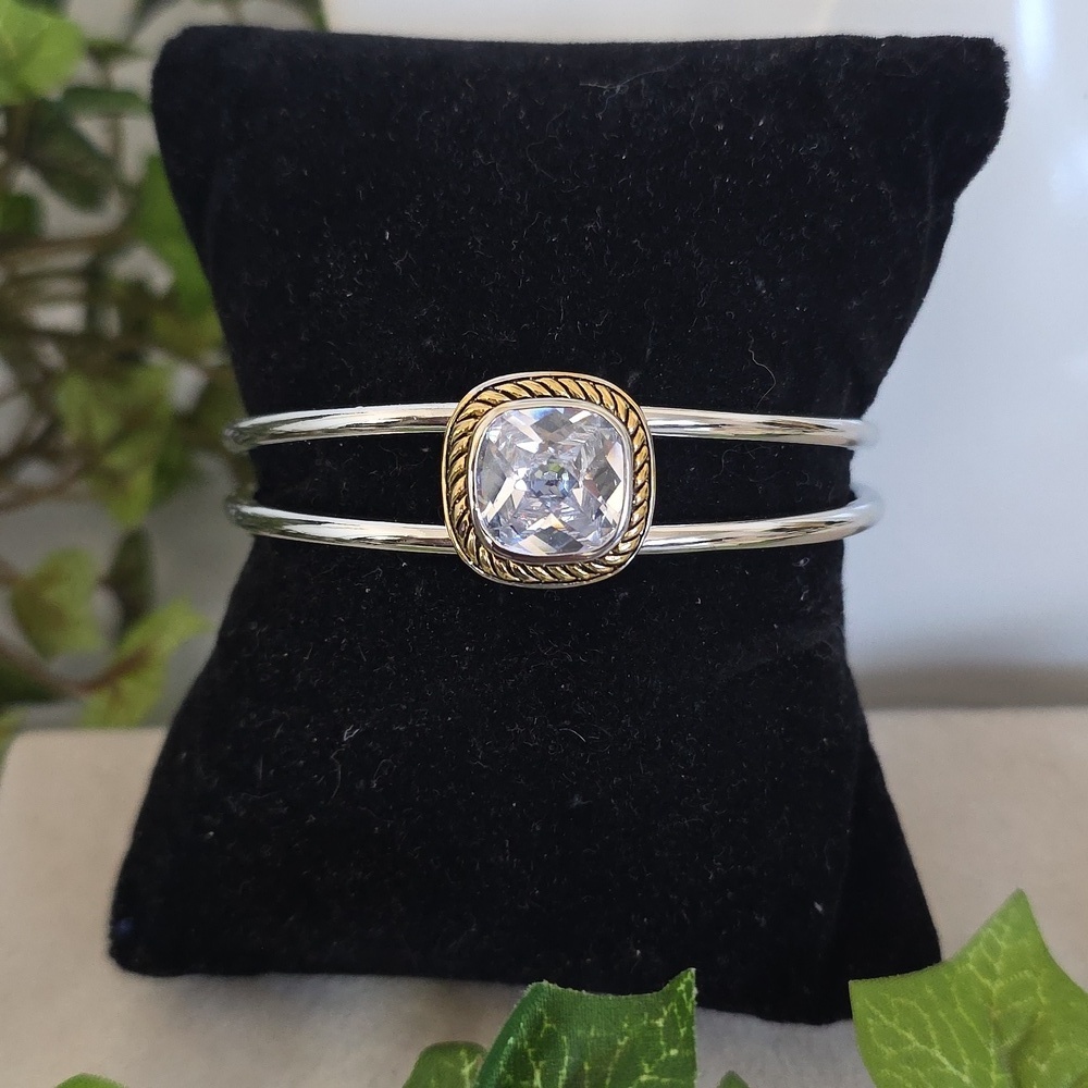 Silver Steel Open Cuff Bracelet with CZ Clear Crystal Stone